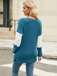 Contrast V-Neck Long Sleeve Top  (multiple color options)