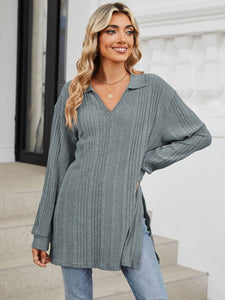 Slit Johnny Collar Long Sleeve Top (multiple color options)