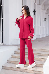 Drawstring Flounce Sleeve Shirt and Pants Set (multiple color options)