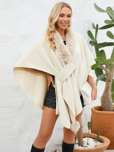 Fuzzy Trim Open Front Poncho (multiple color options)