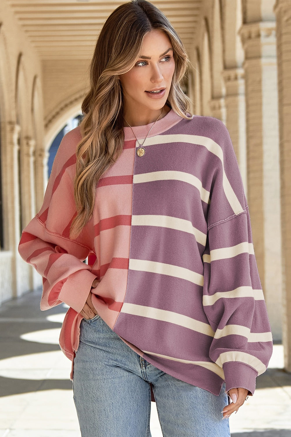 Striped Round Neck Long Sleeve Knit Top (multiple color options)