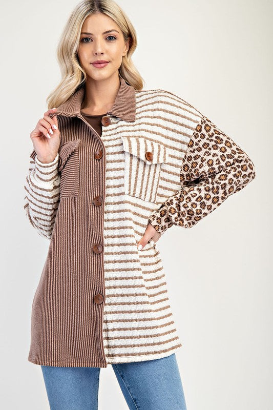 Leopard Contrast Button Up Shacket in Taupe