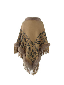 Fringe Geometric Cape Sleeve Poncho (multiple color options)