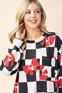 Checkered Bow Print Round Neck Top