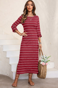 Slit Striped Round Neck Midi Dress (multiple color options)