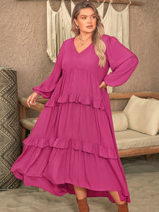 Ruffled V-Neck Long Sleeve Dress  (multiple color options)