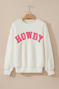 HOWDY Patched Round Neck Sherpa Sweatshirt