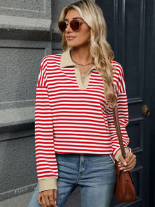 Striped Johnny Collar Long Sleeve Sweatshirt (multiple color options)