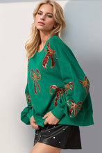 Load image into Gallery viewer, Christmas Bow Sequin Round Neck Dropped Shoulder Sweatshirt (multiple color options)
