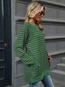 Pocketed Striped Round Neck Long Sleeve T-Shirt (multiple color options)