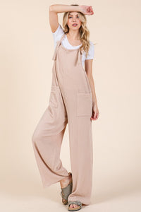 Knot Straps Wide Leg Ribbed Overalls with Pockets in Dust Storm