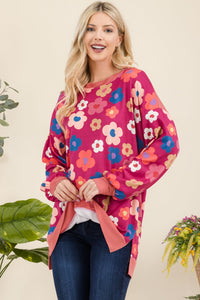 Side Slit Flower Print Long Sleeve Top in Fuchsia