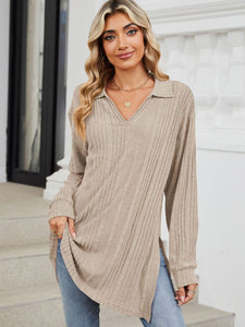 Slit Johnny Collar Long Sleeve Top (multiple color options)