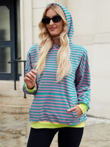 Drawstring Contrast Striped Long Sleeve Hoodie (multiple color options)