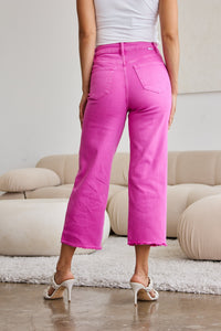 RFM "Chloe" Tummy Control High Waist Cropped Wide Leg Raw Hem Jeans in Pink Rouge