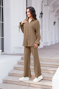 Drawstring Flounce Sleeve Shirt and Pants Set (multiple color options)