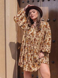 Printed V-Neck Balloon Sleeve Mini Dress