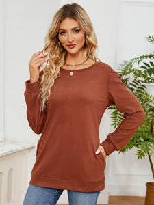 Ruched Shoulder Round Neck Long Sleeve Sweatshirt (multiple color options)