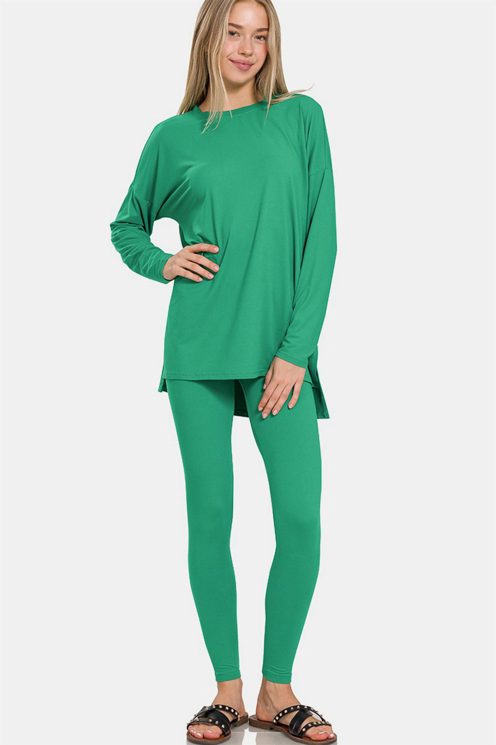 Brushed Microfiber Top and Leggings Lounge Set in Kelly Green