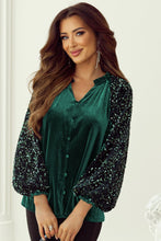 Load image into Gallery viewer, Sequin Notched Long Sleeve Blouse (2 color options)
