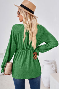 Ruched Round Neck Flounce Sleeve Blouse (multiple color options)