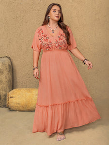 Frill Embroidered V-Neck Half Sleeve Maxi Dress