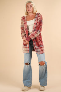 Fuzzy Plaid Long Sleeve Hooded Jacket