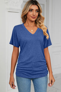 Ruched V-Neck Short Sleeve T-Shirt (multiple color options)