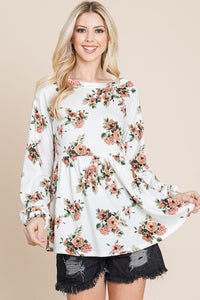 Babydoll Floral Boat Neck Long Sleeve Blouse