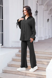 Drawstring Flounce Sleeve Shirt and Pants Set (multiple color options)