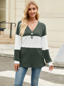 Color Block V-Neck Long Sleeve Top  (multiple color options)