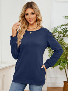 Ruched Shoulder Round Neck Long Sleeve Sweatshirt (multiple color options)