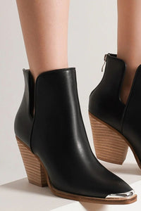 Pointed Metal-Tip Toe Block Heel Ankle Boots in Black