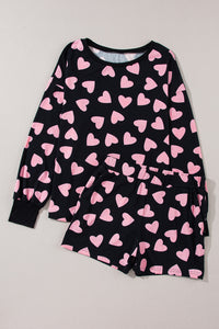 Heart Print Long Sleeve Top and Shorts Lounge Set (2 color options)