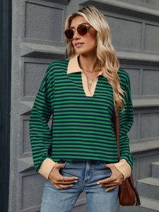 Striped Johnny Collar Long Sleeve Sweatshirt (multiple color options)