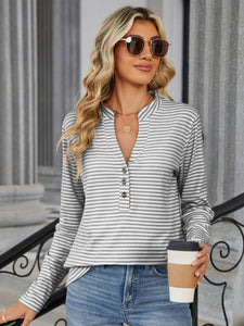 Striped Notched Long Sleeve Top (multiple color options)