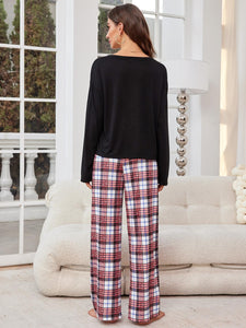 Round Neck Long Sleeve Top and Plaid Pants Pajama Set