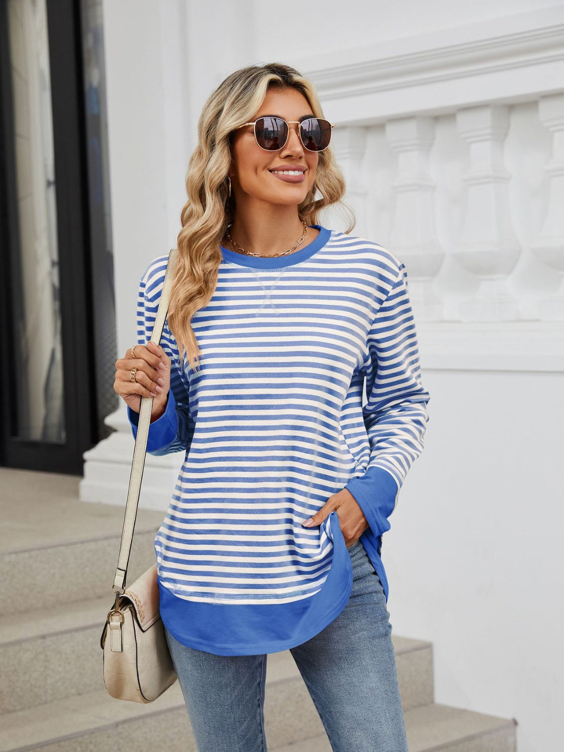 Striped Round Neck Long Sleeve Sweatshirt (multiple color options)