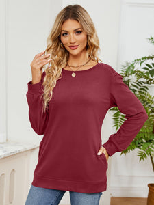 Ruched Shoulder Round Neck Long Sleeve Sweatshirt (multiple color options)