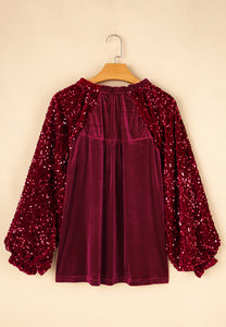 Sequin Notched Long Sleeve Blouse (2 color options)