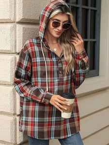 Drawstring Plaid Hooded Long Sleeve Top (multiple color options)