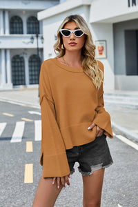 Round Neck Dropped Shoulder Slit Sweater (multiple color options)