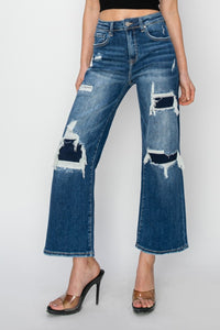 Risen  High Rise Patch Detailed Wide Leg Crop Jeans