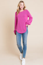 Load image into Gallery viewer, Long Sleeve Curved Hem Ribbed T-Shirt in Fuchsia
