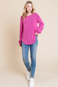 Long Sleeve Curved Hem Ribbed T-Shirt in Fuchsia