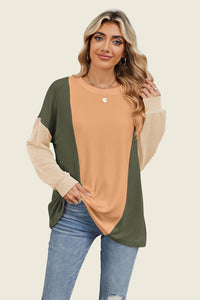 Texture Contrast Round Neck Long Sleeve Top (multiple color options)