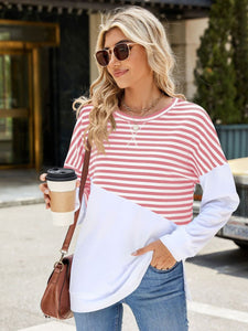 Slit Contrast Striped Long Sleeve Sweatshirt (multiple color options)