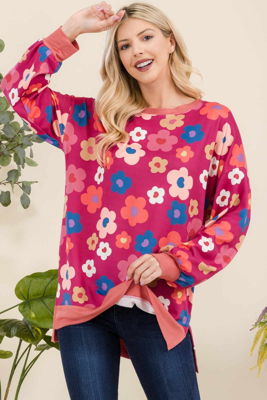 Side Slit Flower Print Long Sleeve Top in Fuchsia