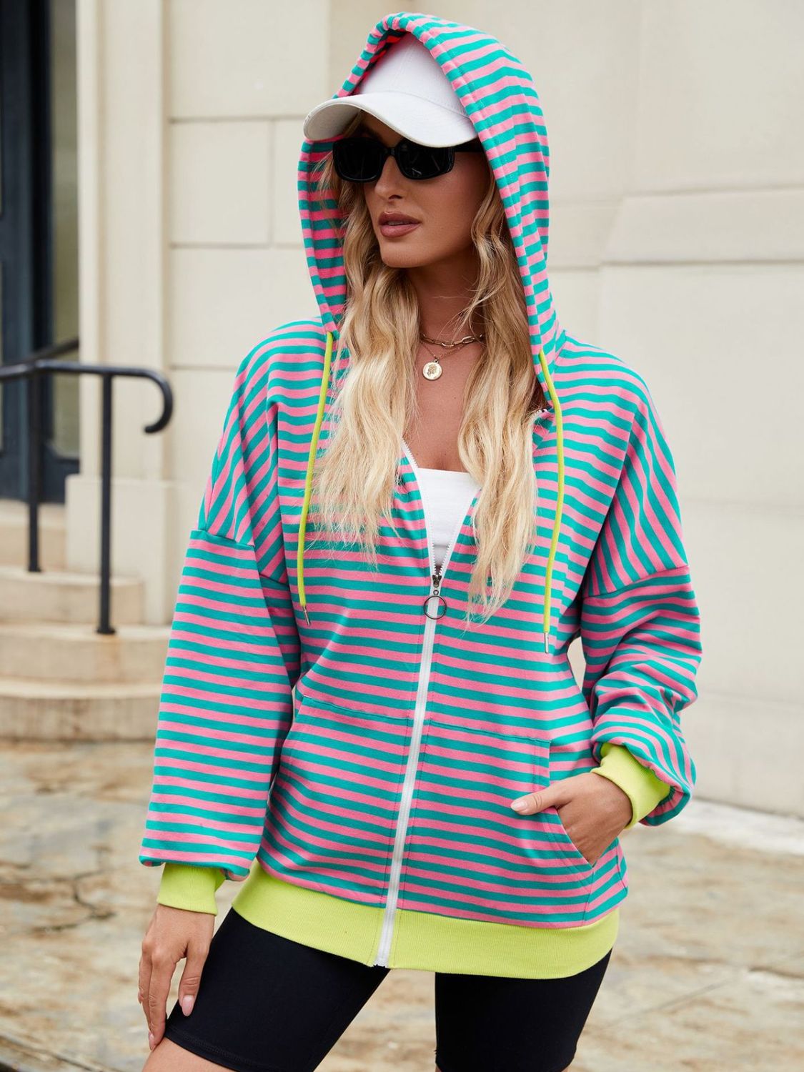 Drawstring Striped Zip Up Long Sleeve Hoodie (multiple color options)