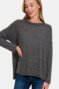 Exposed Seam Brushed Round Neck Sweater in Black